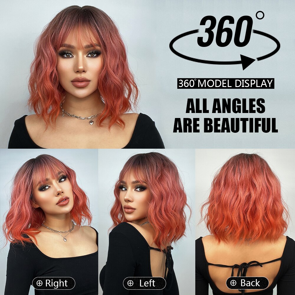 Short Bob Synthetic Wig Ombre Pink Water Wave Hair Wigs With Bangs Cosplay Lolita Heat Resistant Natural Hair