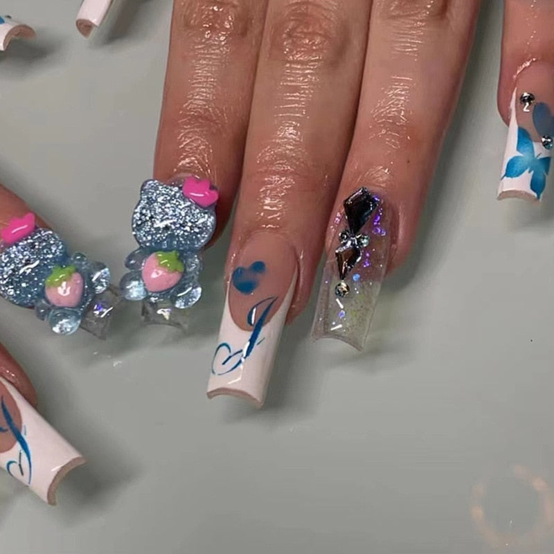 24Pcs Wearable False Nails with glue Long Ballerina Pink Press On Nails French Full Cover Coffin Fake Nails tip with rhinestones