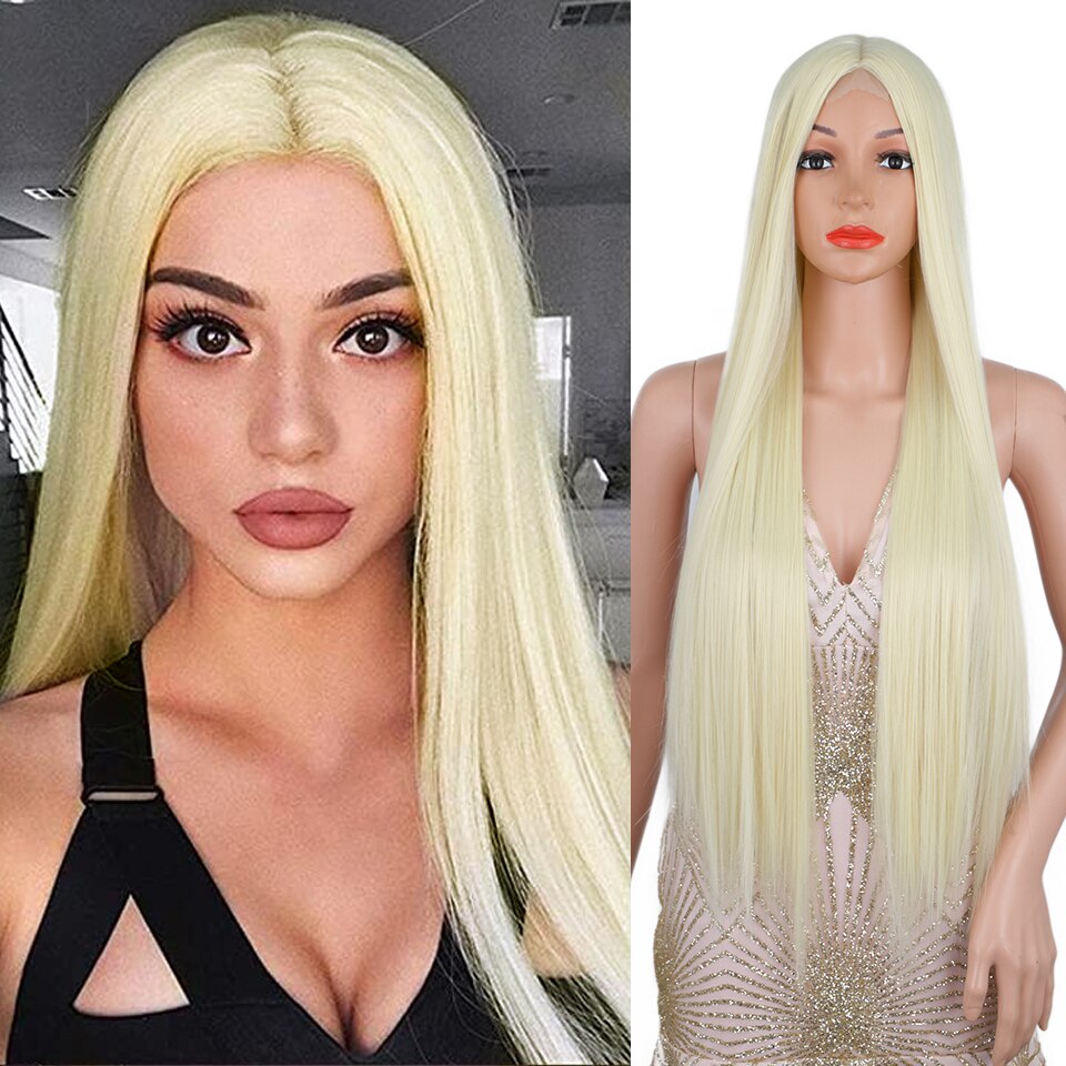 Synthetic Highlights Blonde Wig Long Straight Hair Middle Part Mixed Blonde Wig for Daily