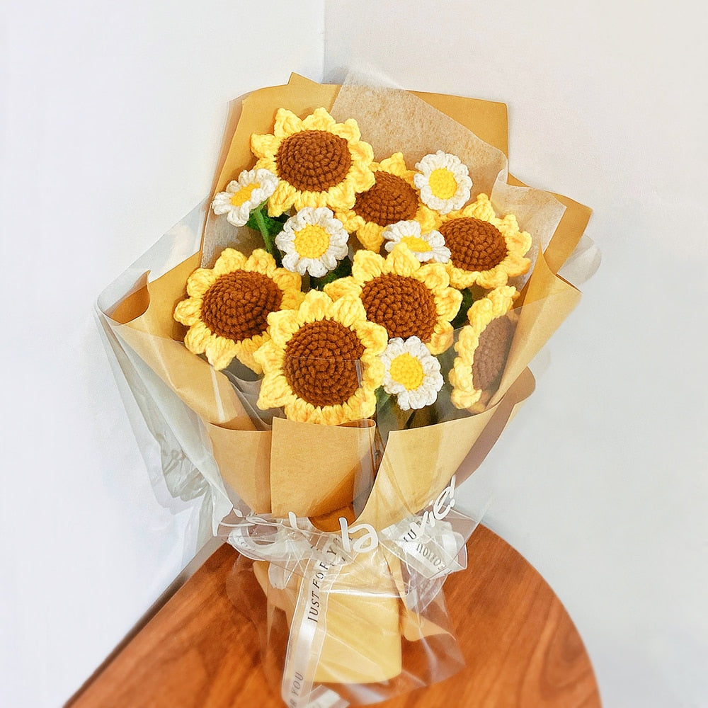 10pcs Hand-knitted Yarn Crochet Sunflower Bouquet Handmade Daisy Tulip Rose Decorative Home Creative Decorate