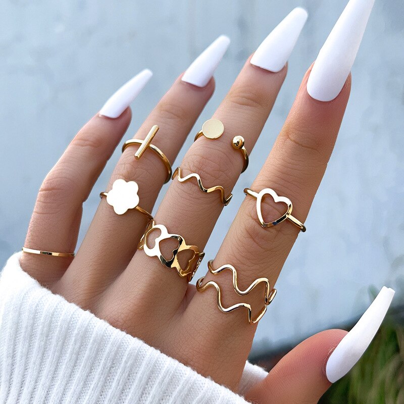 Punk Girl Love Heart Rings Set For Women Personality Harajuku Chain Tassel Silver Color Geometric Ring Gothic Party Jewelry Gift