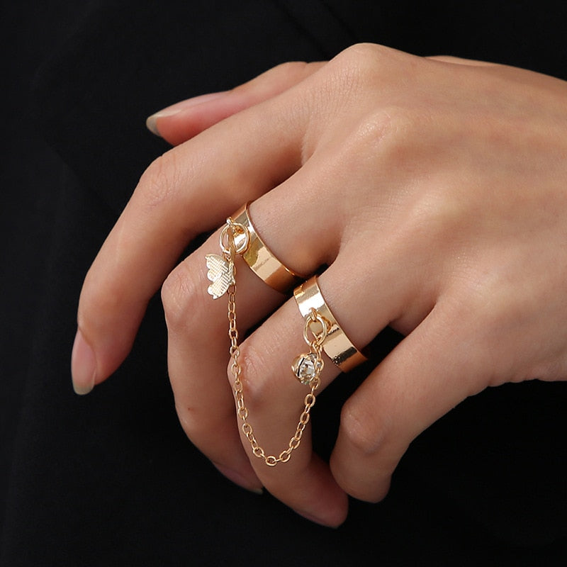 Vintage Boho Crystal Butterfly Flower Rings Set For Women Elegant Geometric Leaf Chain Tassel Knuckle Finger Rings Party Jewelry
