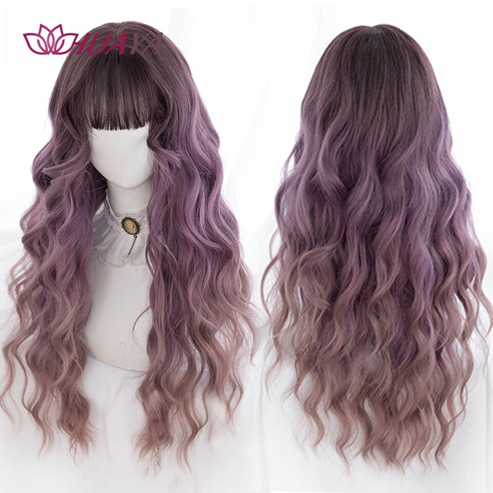 Long Straight Wig with Bangs Purple-White Heat Resistant Synthetic Hair Wigs for African American Girl Lolita Cosplay Wig