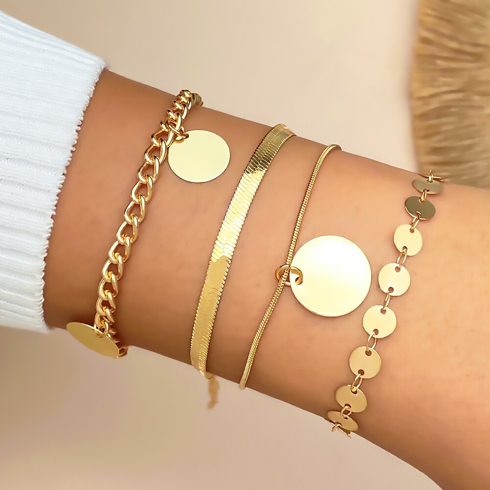 Bohemian Gold Color Angel Bracelets for Women Boho Jewelry Geometric Layered Pearl Hand Chain Charm Bracelet Set