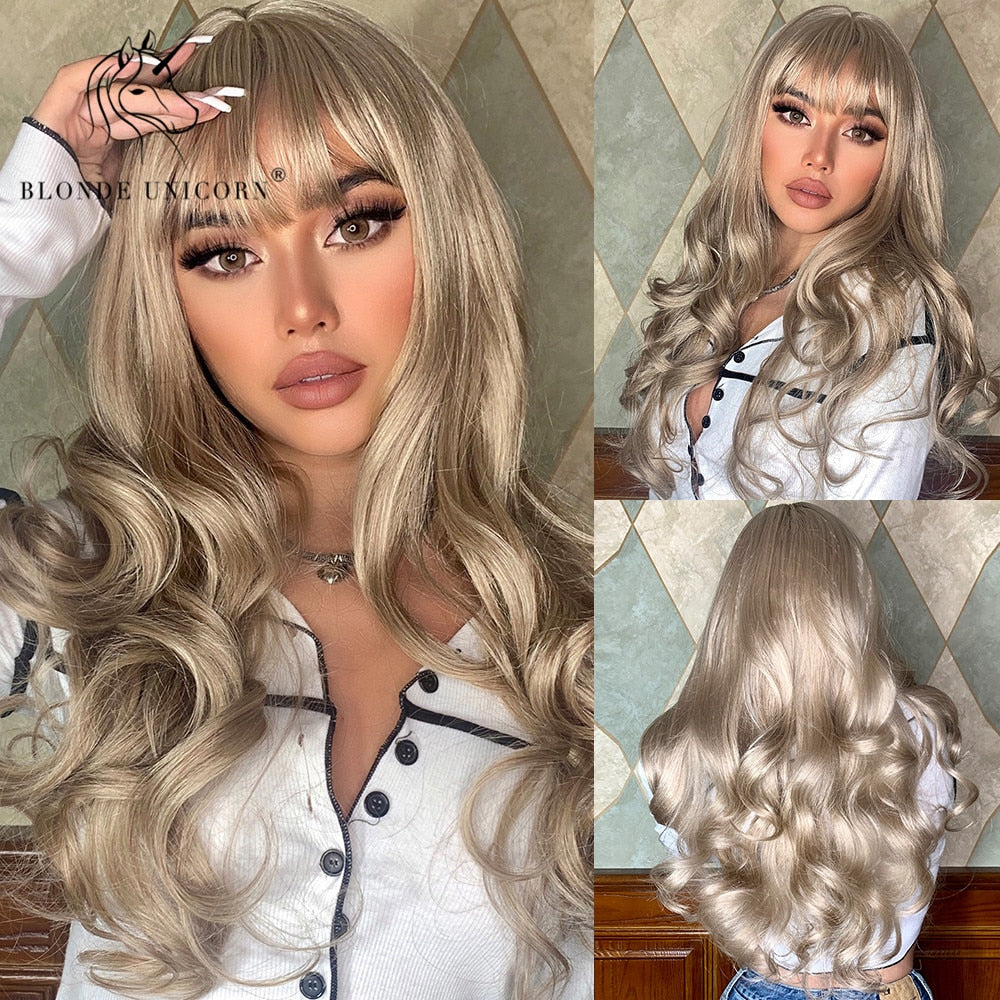 Blonde Unicorn Synthetic Long Wavy Wig Ombre Purple to Blue For WOMEN Cosplay halloween Wigs Heat Resistant Fiber Bangs Hair