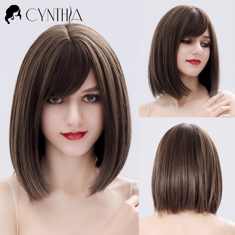 Green Short Bob Hair Synthetic Wig For Woman With Bangs Blonde Ombre Pink Cosplay Lolita Party Heat Resistant Daily Natural Hair
