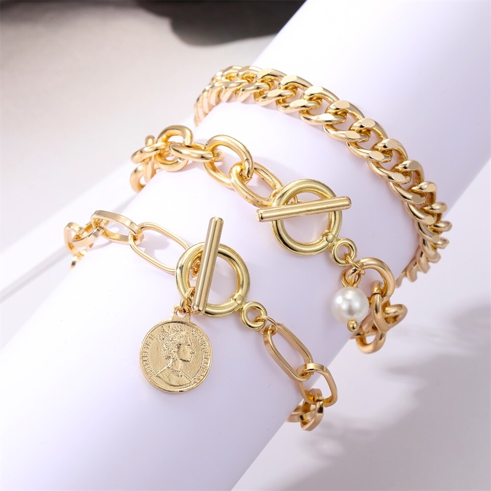 Bohemian Gold Color Angel Bracelets for Women Boho Jewelry Geometric Layered Pearl Hand Chain Charm Bracelet Set