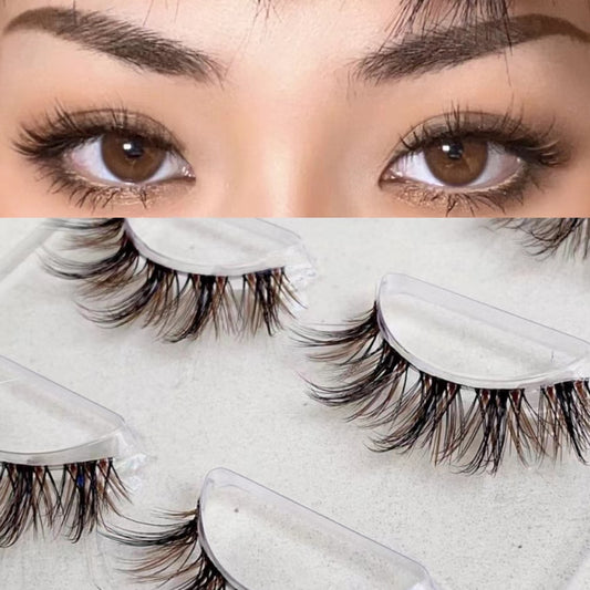 Natural Simulation black+ Brown False Eyelashes Nude Thick Lashes 3Pairs Transparent Stems Handmade Cross Eyelashes