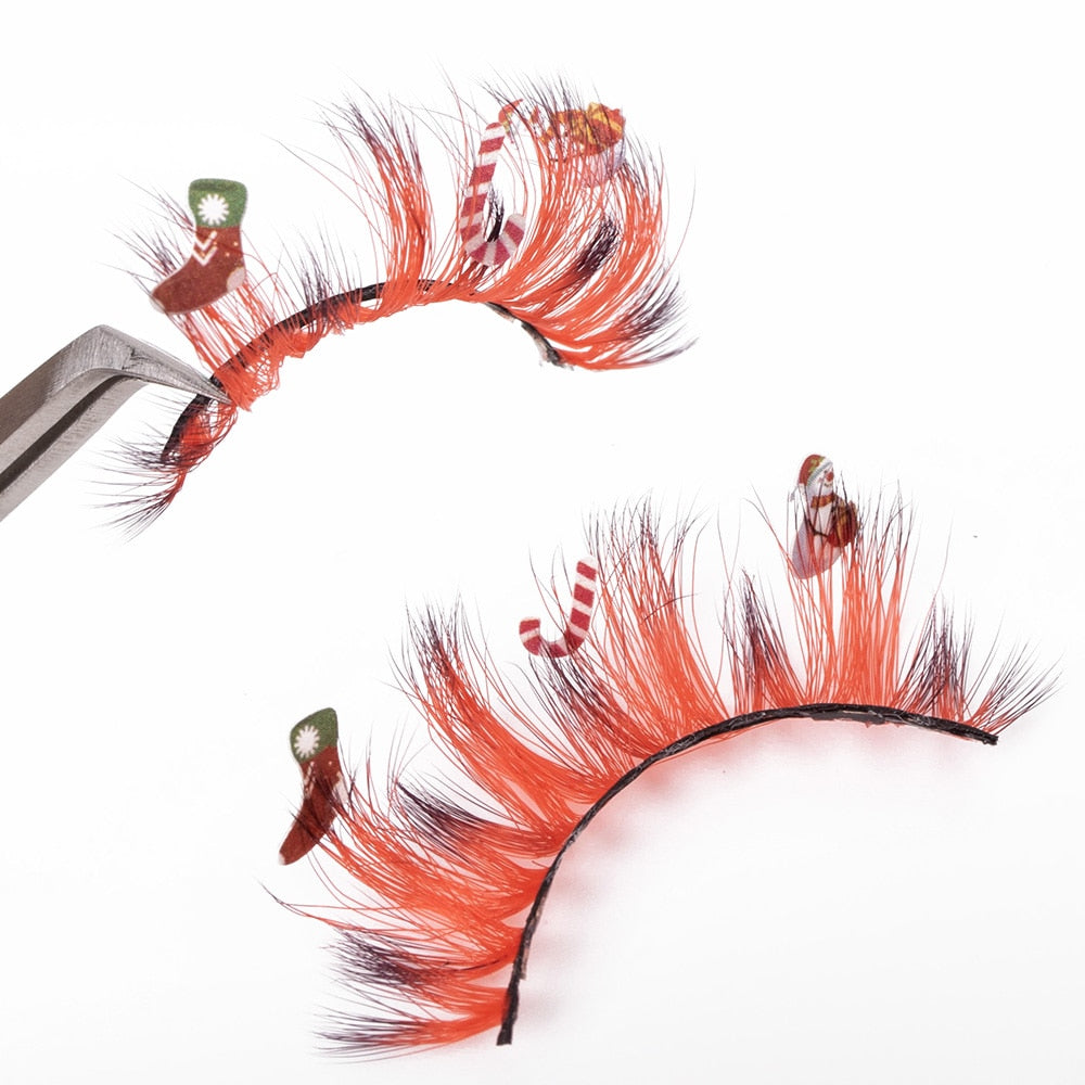Faux Mink Lashes with Christmas Cartoon 3D False Eyelashes Christmas Party Makeup 25MM Eyelash Charming Colored Glitter