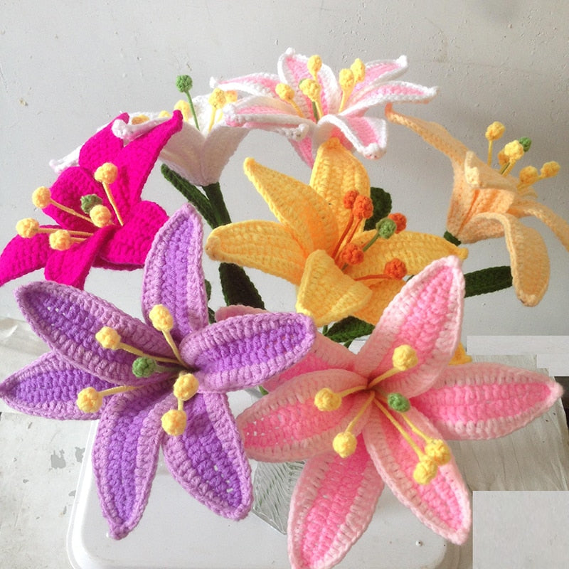 Knit Flower Lily Tulips Fake Flowers Bouquet Decoration Hand-woven Home Decorate Creative Knitting Flowers