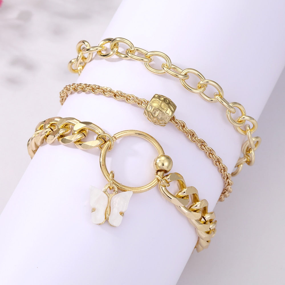 Bohemian Gold Color Angel Bracelets for Women Boho Jewelry Geometric Layered Pearl Hand Chain Charm Bracelet Set