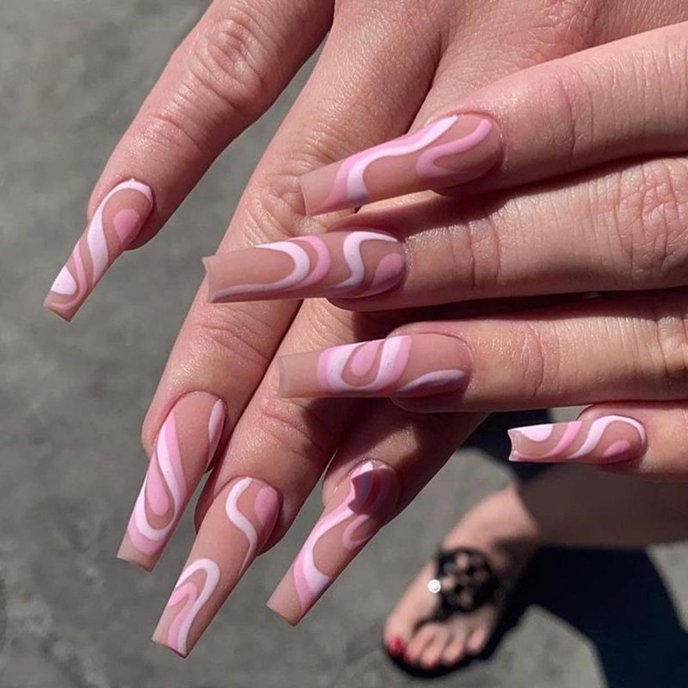 24pcs/Box Glitter Coffin False Nails Pink/White Heart Design French Ballerina Fake Nails Full Cover Nail Tips Press On Nails