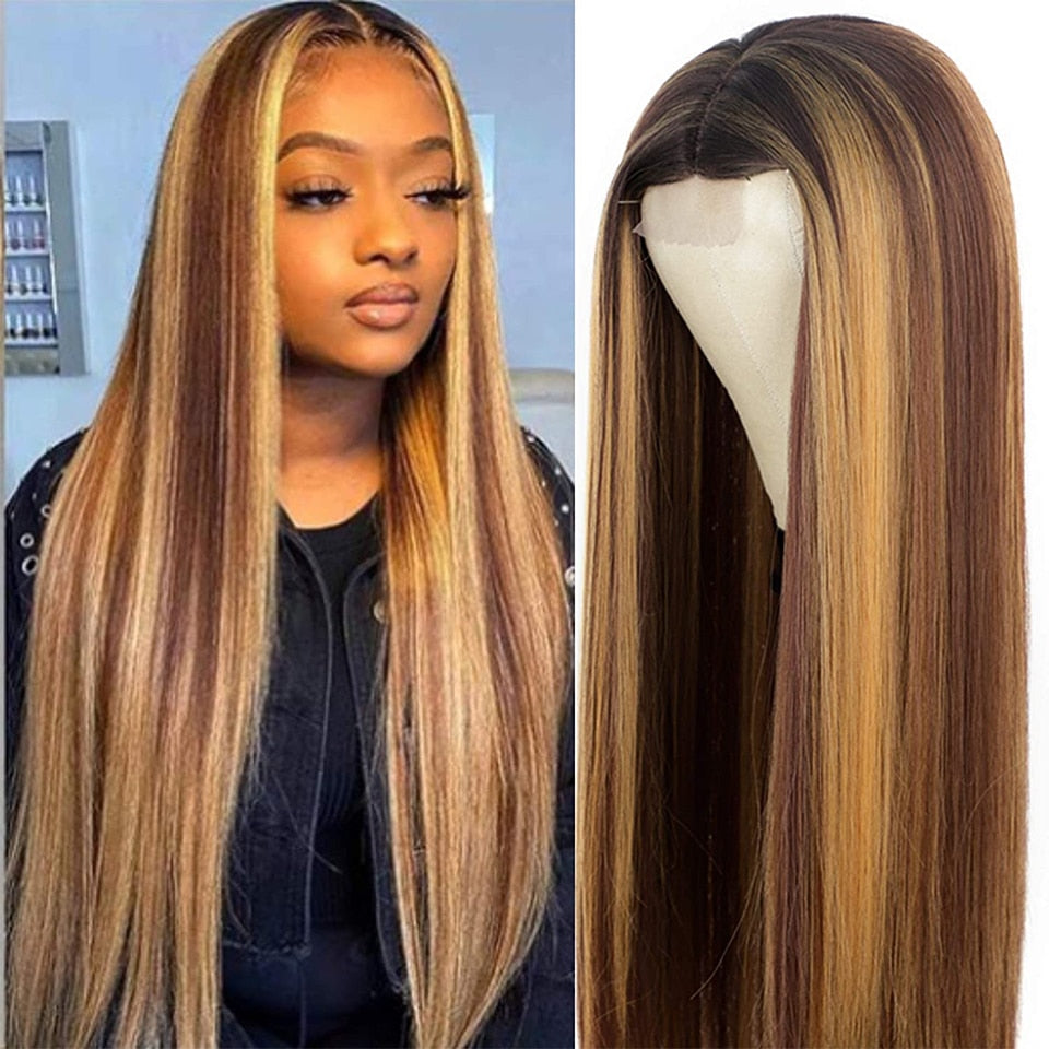 Synthetic Highlights Blonde Wig Long Straight Hair Middle Part Mixed Blonde Wig for Daily