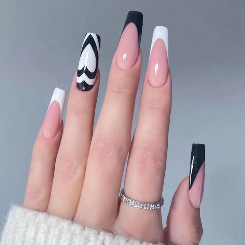 24pcs/Box Glitter Coffin False Nails Pink/White Heart Design French Ballerina Fake Nails Full Cover Nail Tips Press On Nails