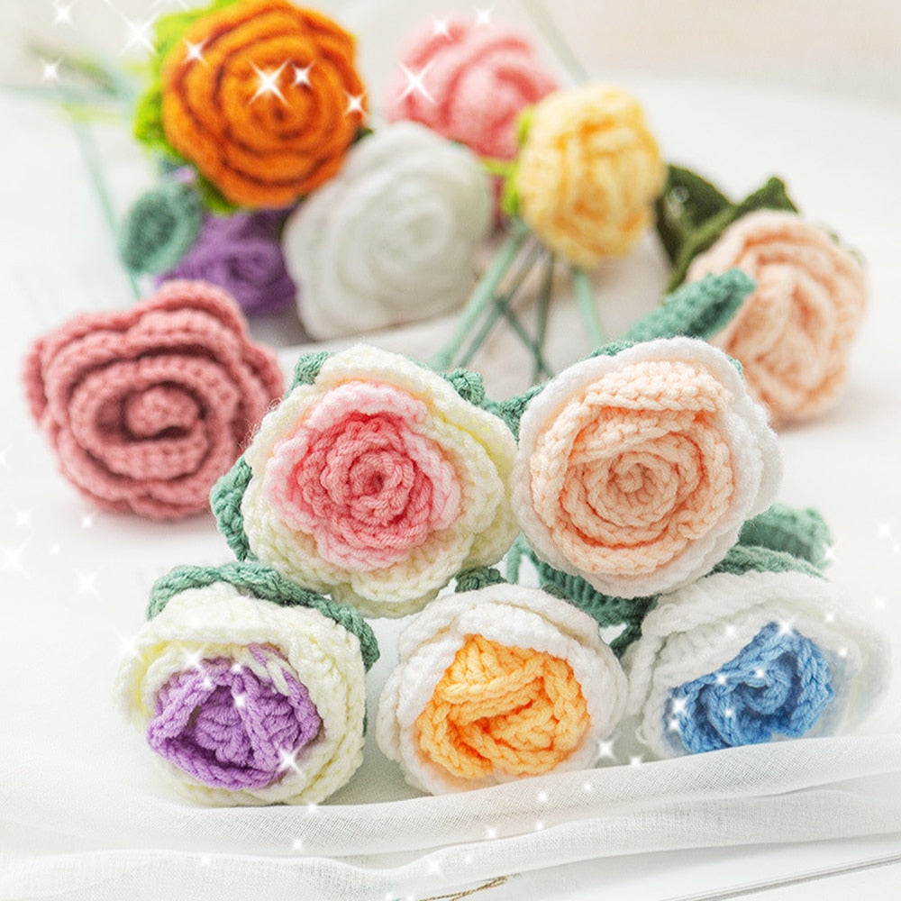 10pcs Hand-knitted Yarn Crochet Sunflower Bouquet Handmade Daisy Tulip Rose Decorative Home Creative Decorate