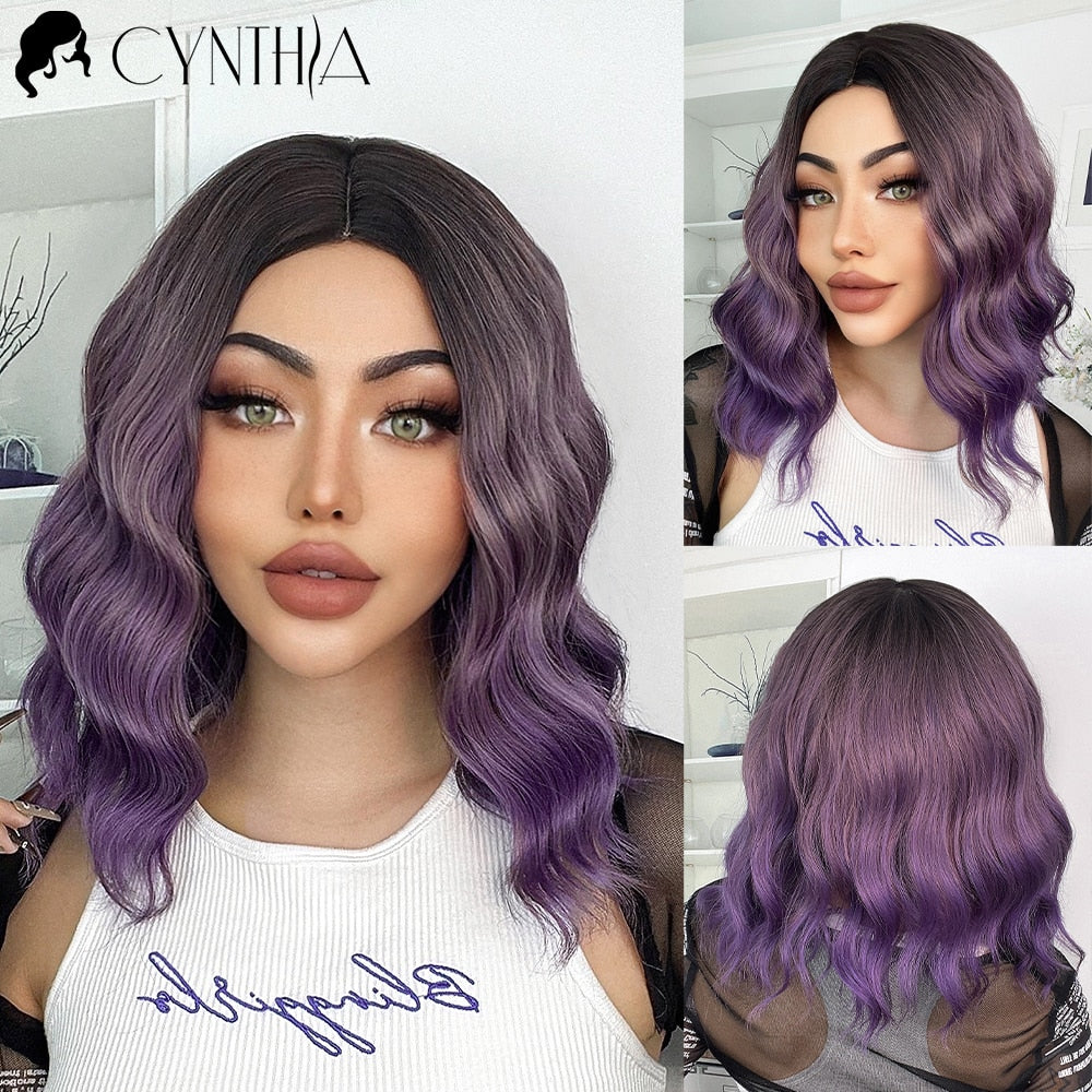 Ombre Blonde Short Bob Synthetic Wig For Women With Bangs White Gold Body Wave Cosplay Lolita Natural Heat Resistant Hair