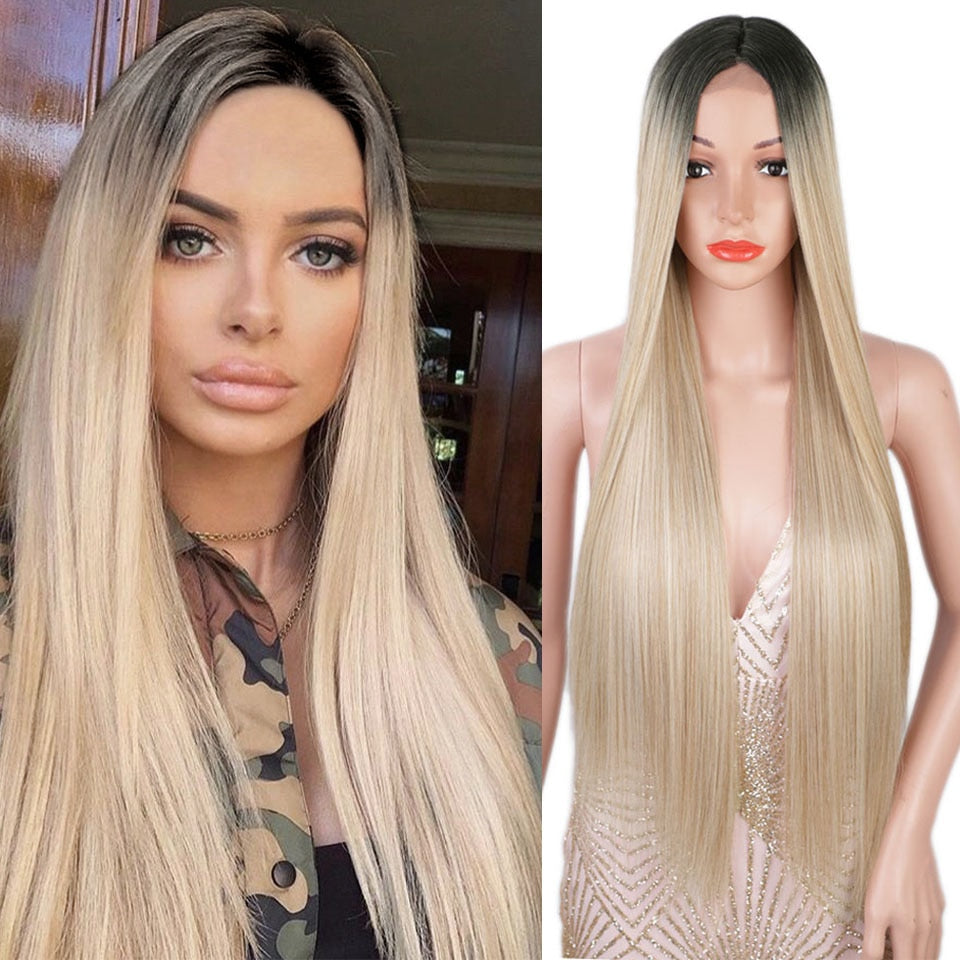 Synthetic Highlights Blonde Wig Long Straight Hair Middle Part Mixed Blonde Wig for Daily
