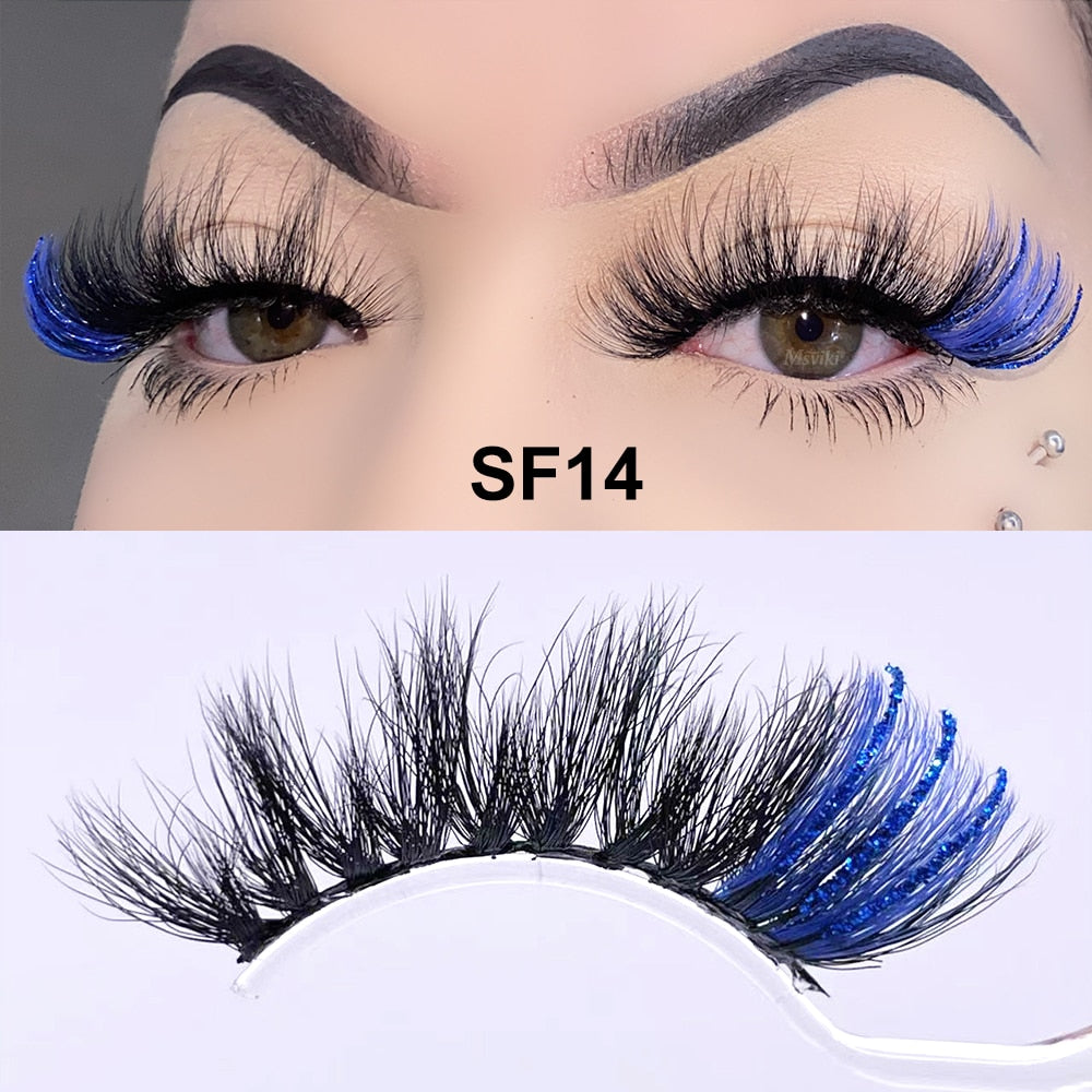 Fluffy 25MM Mink Eyelashes Colored Lashes With Glitter Pink White Red Blue 5D Lashes