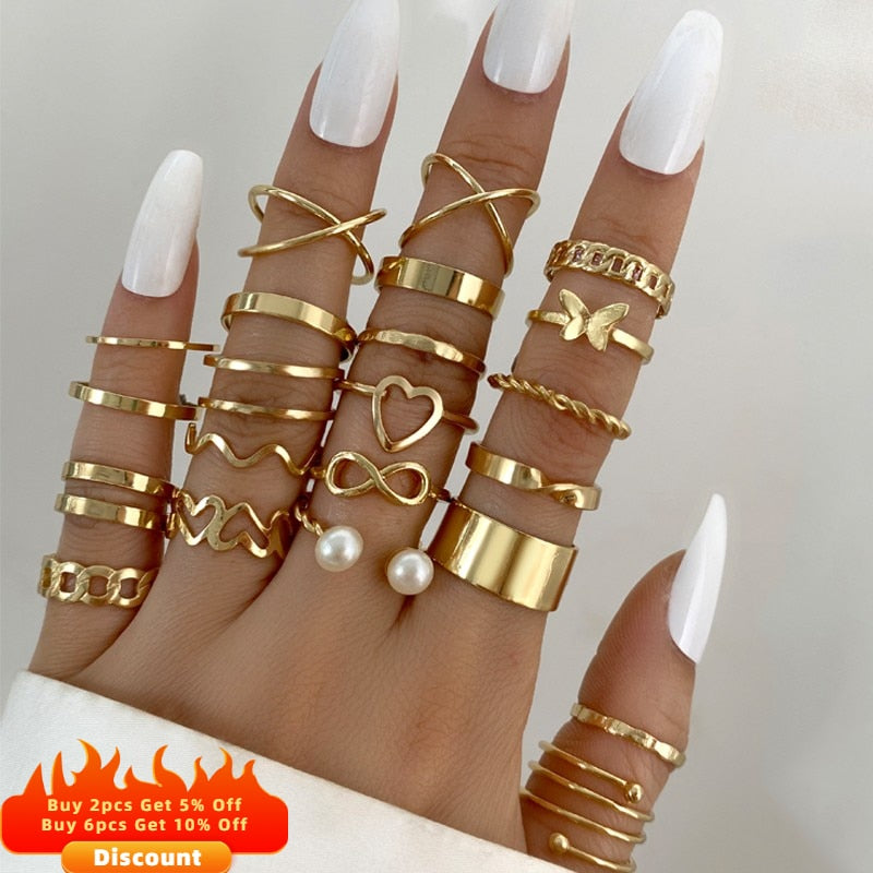 Boho Gold Color 22pcs Heart Rings Set For Women Vintage Geometric Cross Pearl Butterfly Finger Ring Women Jewelry