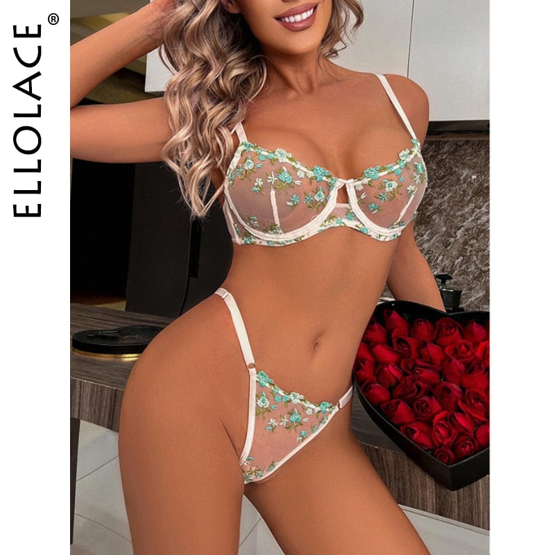 Fairy Sexy Lingerie Floral Fancy Underwear Transparent Bra Set Women 2 Piece Sensual Underwire Exotic Lace Brief Sets