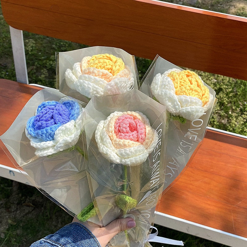 10pcs Hand-knitted Yarn Crochet Sunflower Bouquet Handmade Daisy Tulip Rose Decorative Home Creative Decorate