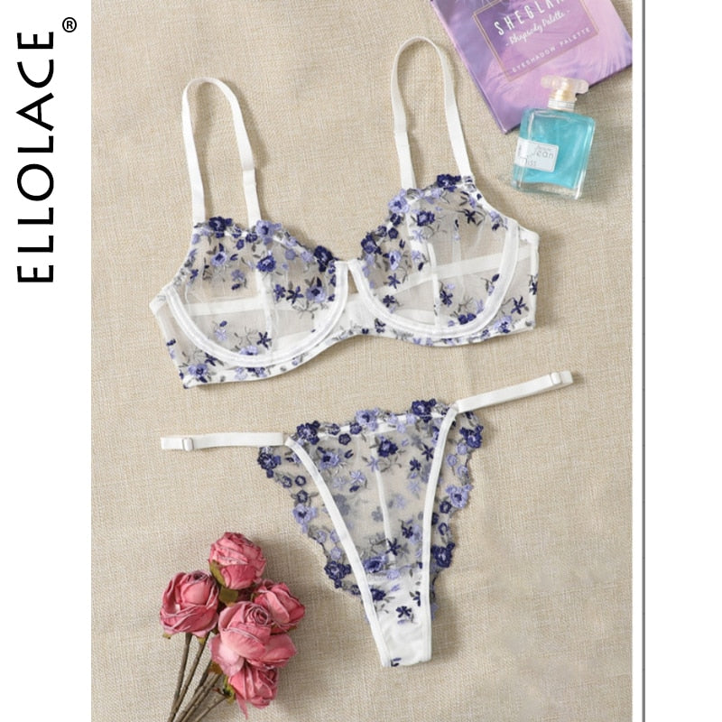 Fairy Sexy Lingerie Floral Fancy Underwear Transparent Bra Set Women 2 Piece Sensual Underwire Exotic Lace Brief Sets