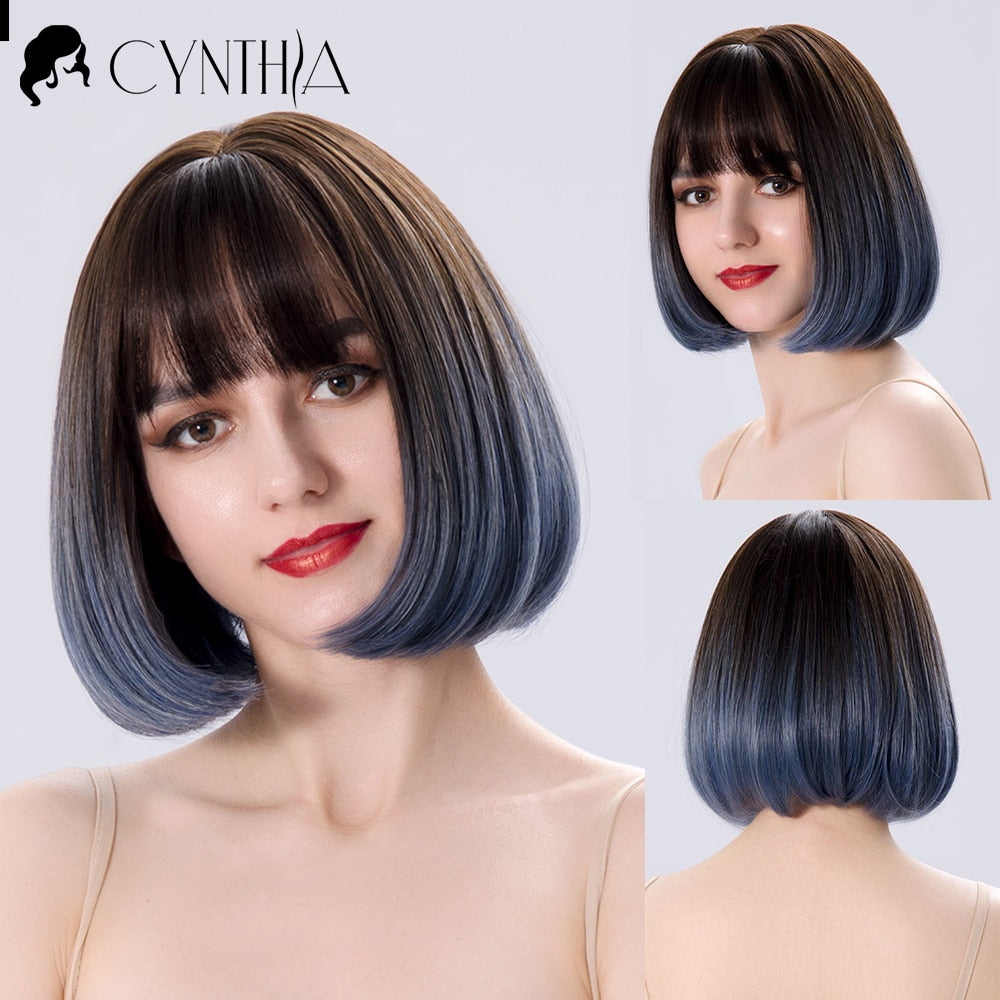 Green Short Bob Hair Synthetic Wig For Woman With Bangs Blonde Ombre Pink Cosplay Lolita Party Heat Resistant Daily Natural Hair