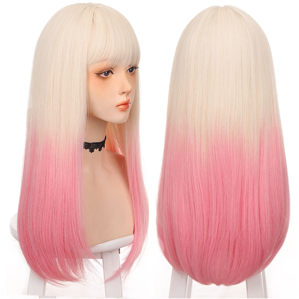 Long straight hair synthetic wig girl pink white gradient bangs cosplay Lolita party heat-resistant wigs