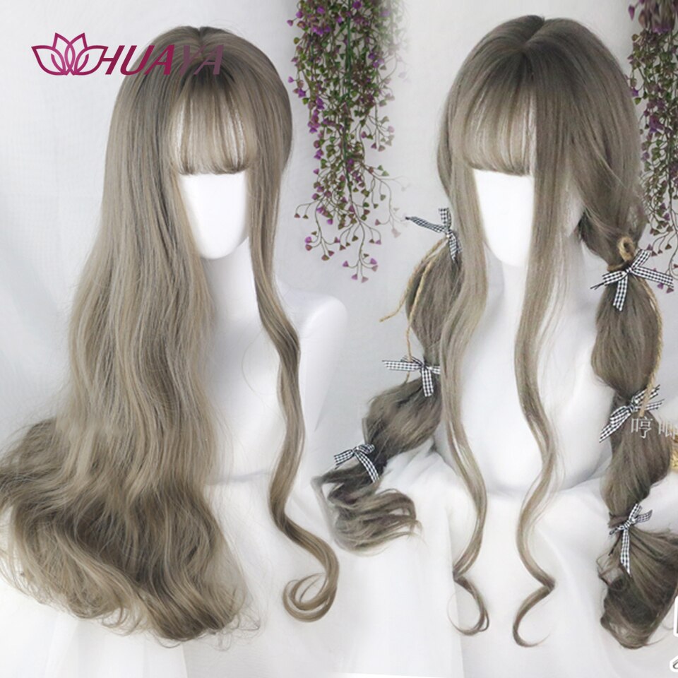 Long Straight Wig with Bangs Purple-White Heat Resistant Synthetic Hair Wigs for African American Girl Lolita Cosplay Wig
