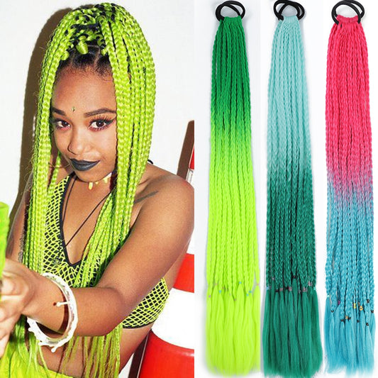 Colored Gradient Box Braided Ponytail For Girls With Elastic Hair Band Rubber Band Hair Accessories Wig Headband Hairpiece