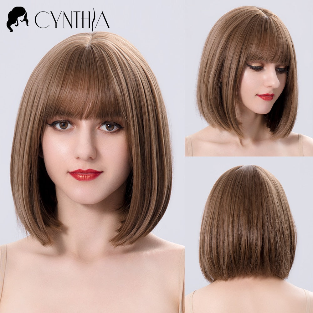 Green Short Bob Hair Synthetic Wig For Woman With Bangs Blonde Ombre Pink Cosplay Lolita Party Heat Resistant Daily Natural Hair
