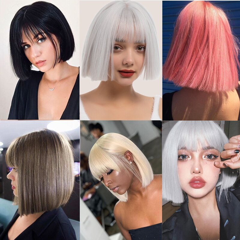 Synthetic Short Water Wave Cosplay Bob Wig with Bangs Heat-resistant Fiber Lolita Wigs For Women Daily Wear