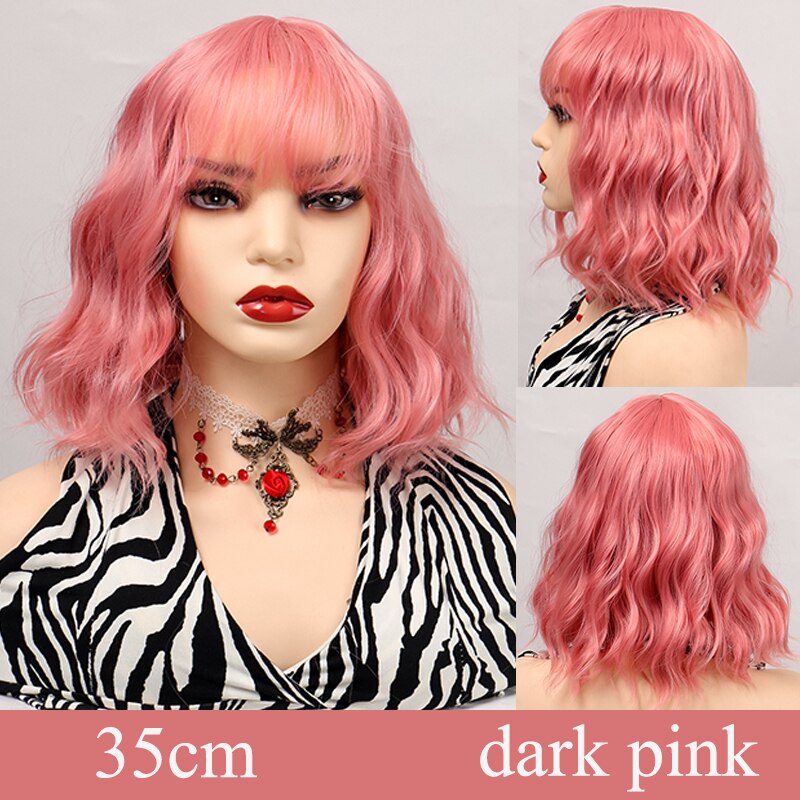 Synthetic Short Water Wave Cosplay Bob Wig with Bangs Heat-resistant Fiber Lolita Wigs For Women Daily Wear