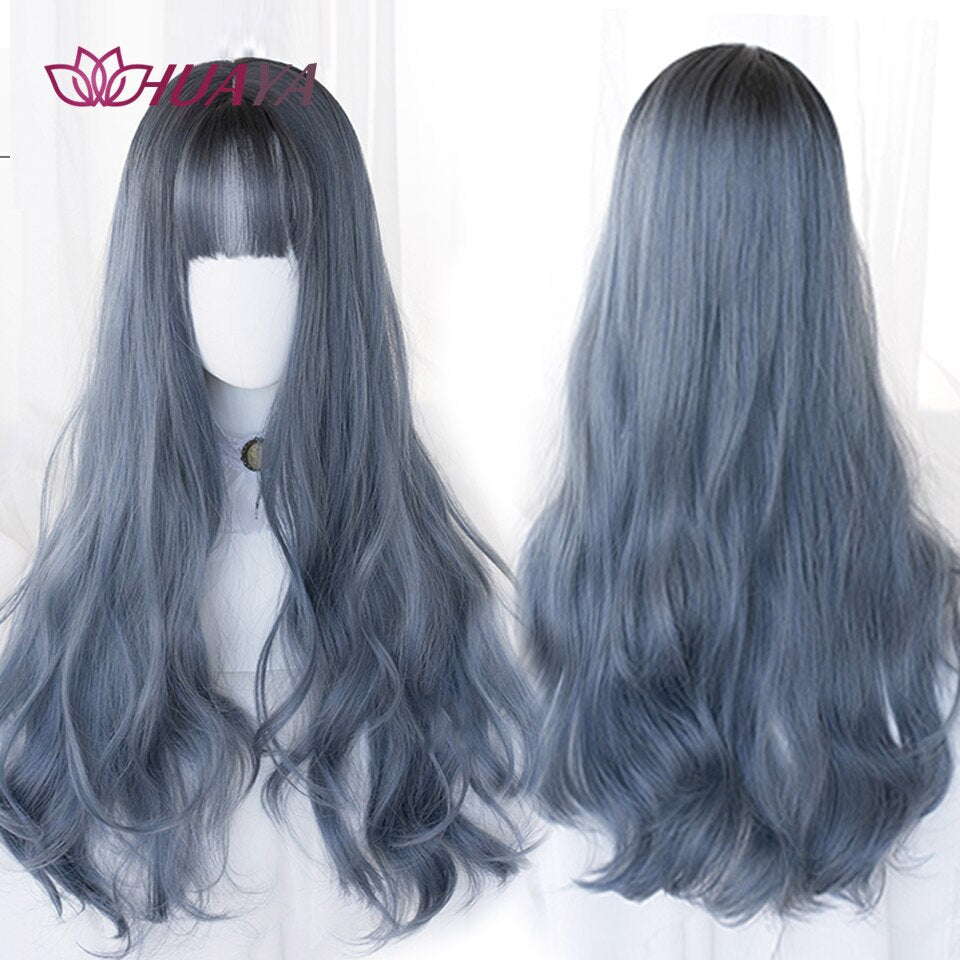 Long Straight Wig with Bangs Purple-White Heat Resistant Synthetic Hair Wigs for African American Girl Lolita Cosplay Wig