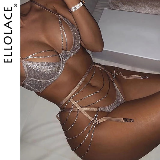 Sparkle Chain Push Up Bra And Panty Set Women Rhinestone Intimates Lingerie Set Underwear Bralette Sexy Brief Set