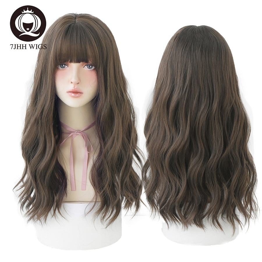 Blue Deep Wave Wig With Bangs Long Omber Brown Hair Layered Heat Resistant Cosplay Party Synthetic Wig