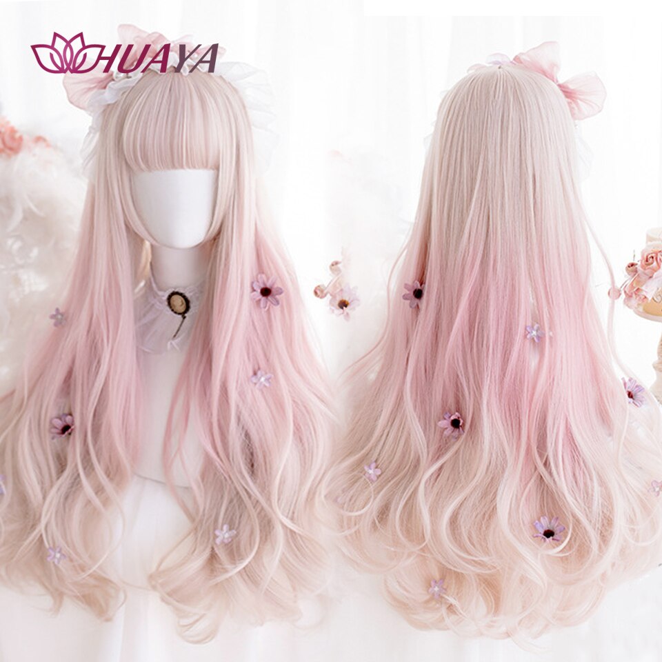Long Straight Wig with Bangs Purple-White Heat Resistant Synthetic Hair Wigs for African American Girl Lolita Cosplay Wig