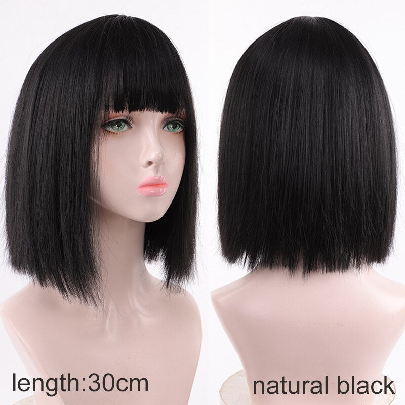Synthetic Short Water Wave Cosplay Bob Wig with Bangs Heat-resistant Fiber Lolita Wigs For Women Daily Wear