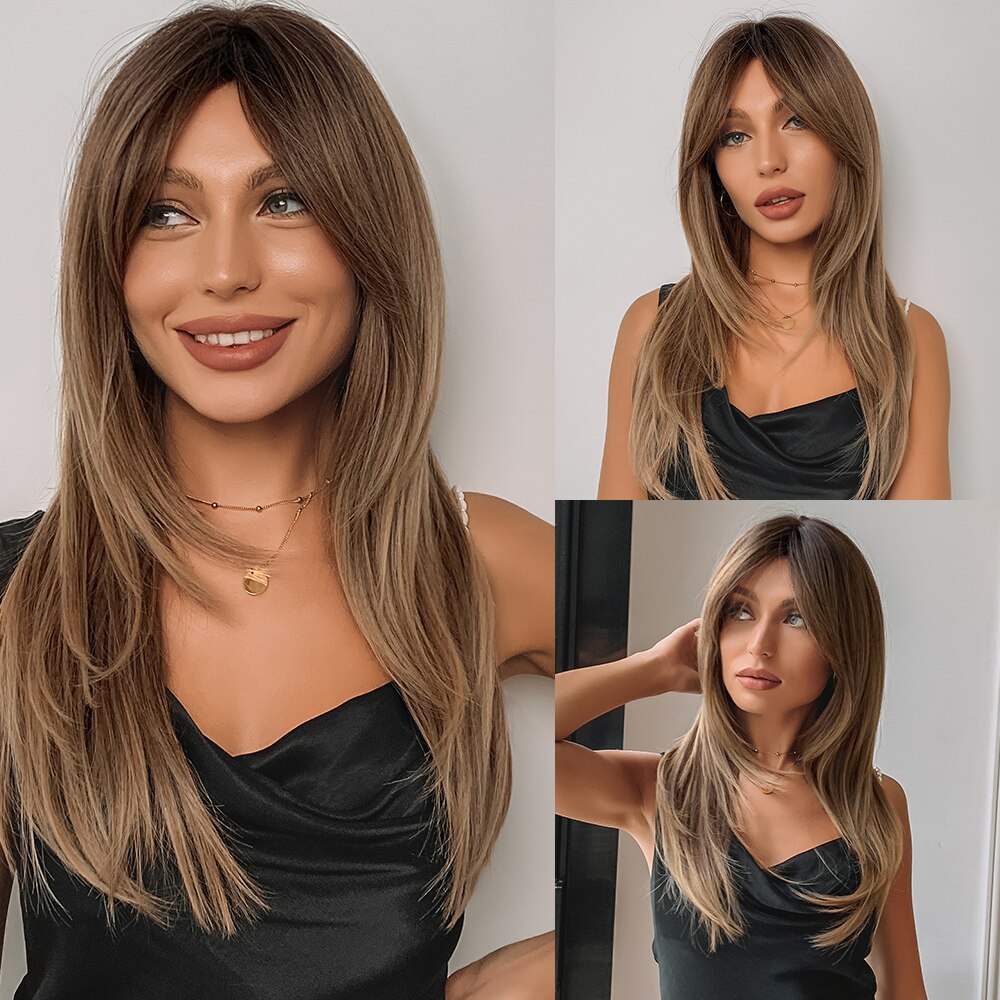 Long Straight Synthetic Wig Ombre Brown Blonde Golden Heat Resistant Wigs Cosplay Party Hair Wig