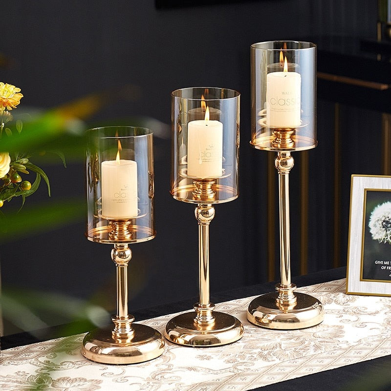European Metal Crystal Candle Lantern Gold Candle Holders Wedding Center Table Candlesticks Parties Home Decor