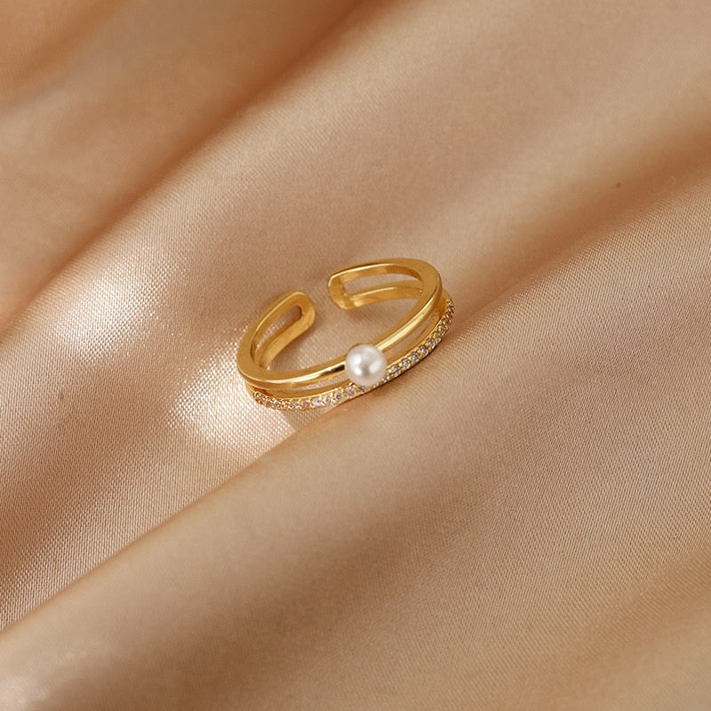 Luxury Gold Color Pearl Zircon Rings Vintage Sexy Open Joint Elegant