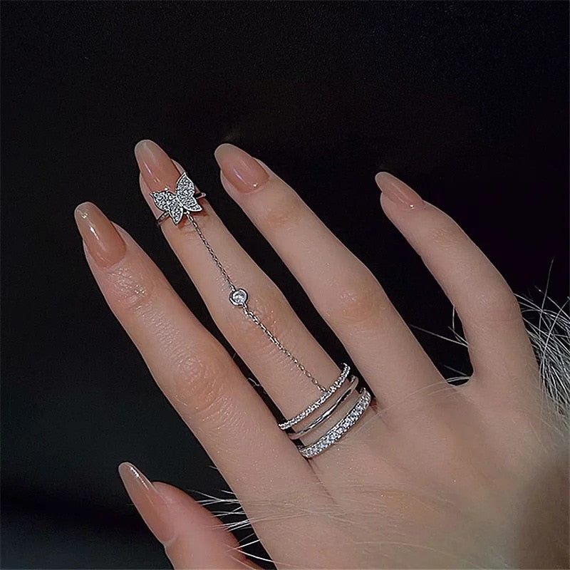 Vintage Boho Crystal Butterfly Flower Rings Set For Women Elegant Geometric Leaf Chain Tassel Knuckle Finger Rings Party Jewelry