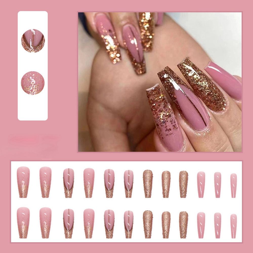24pcs/Box Glitter Coffin False Nails Pink/White Heart Design French Ballerina Fake Nails Full Cover Nail Tips Press On Nails