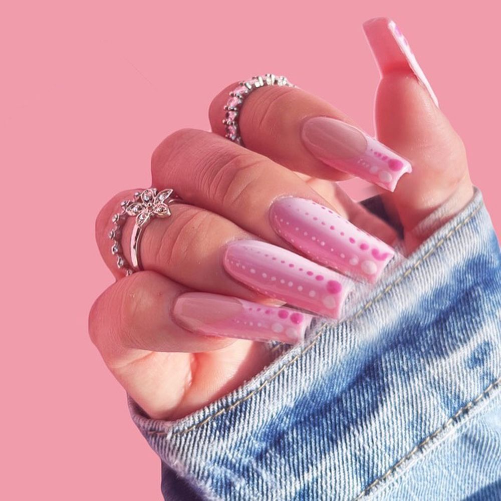 24pcs/Box Glitter Coffin False Nails Pink/White Heart Design French Ballerina Fake Nails Full Cover Nail Tips Press On Nails