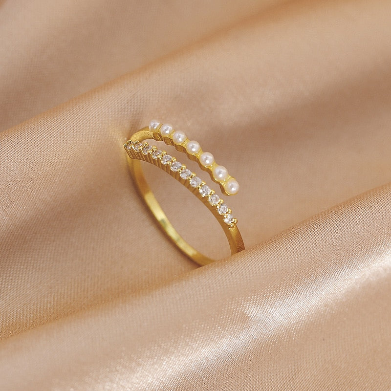Luxury Gold Color Pearl Zircon Rings Vintage Sexy Open Joint Elegant