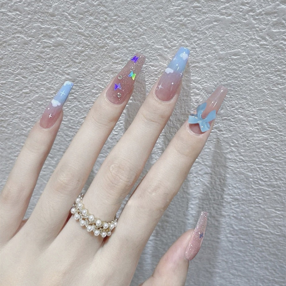 Kawaii Bowknot Ballet Detachable False Nails With Glue Artificial Nail Art Diy Fashion Manicure Fake Nails