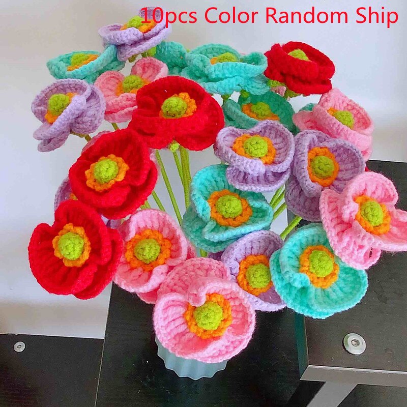 Finished 10pcs Hand-knitted Handmade Yarn Crochet Sunflower Bouquet Decorative Artificial Daisy Flowers Home Decoration