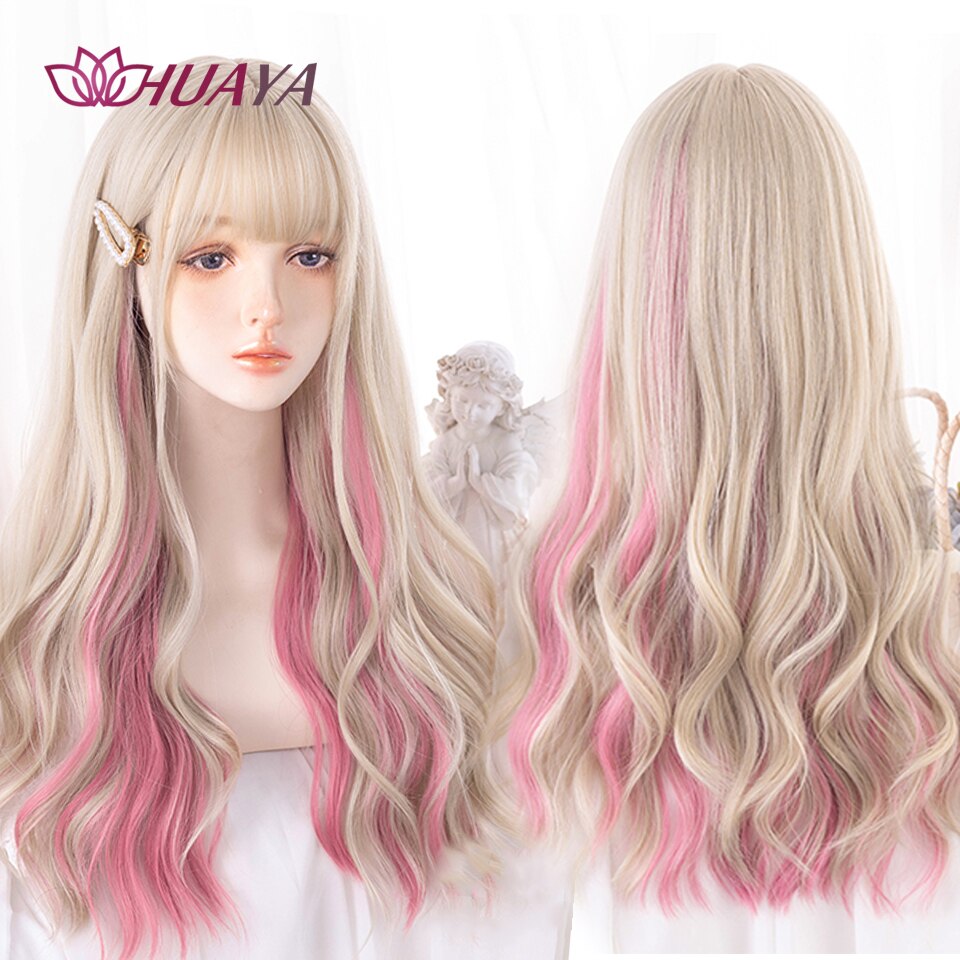 Long Straight Wig with Bangs Purple-White Heat Resistant Synthetic Hair Wigs for African American Girl Lolita Cosplay Wig