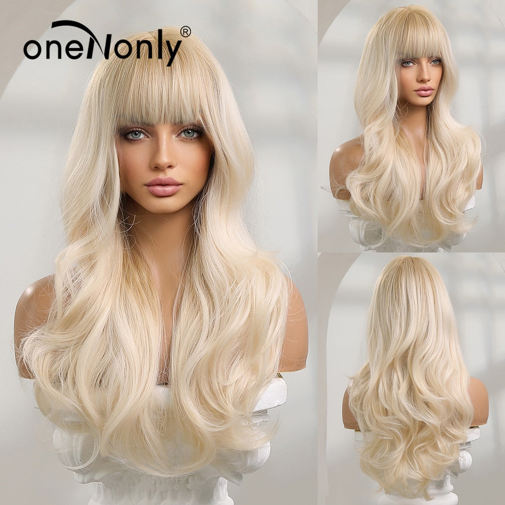Purple Blue Wig with Bangs Long Wavy Cosplay Lolita Women Wigs Halloween Party High Temperature Hair