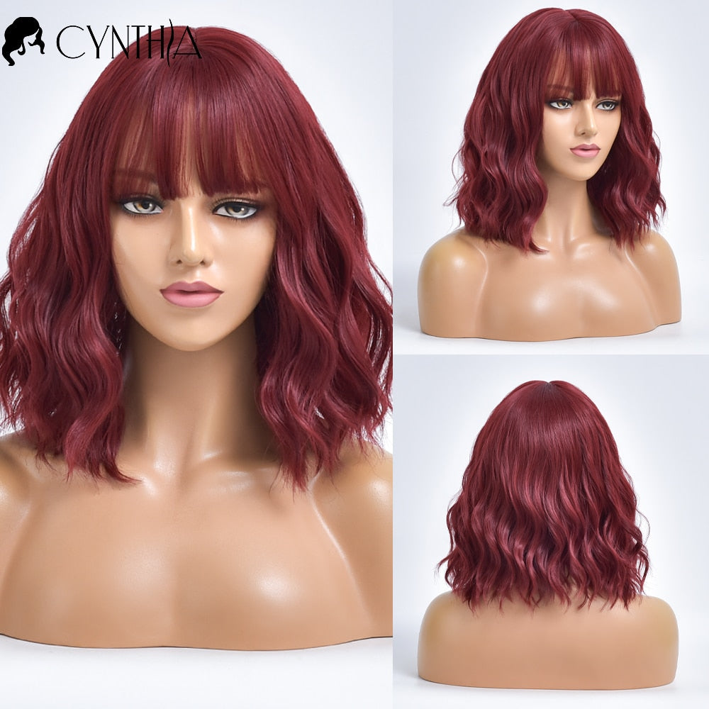 Ombre Blonde Short Bob Synthetic Wig For Women With Bangs White Gold Body Wave Cosplay Lolita Natural Heat Resistant Hair